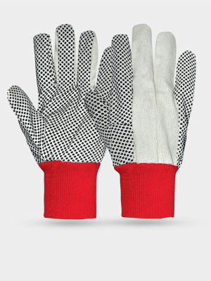 WHITE COTTON GLOVES WITH BLACK PVC DOTS RED CUFF WRIST